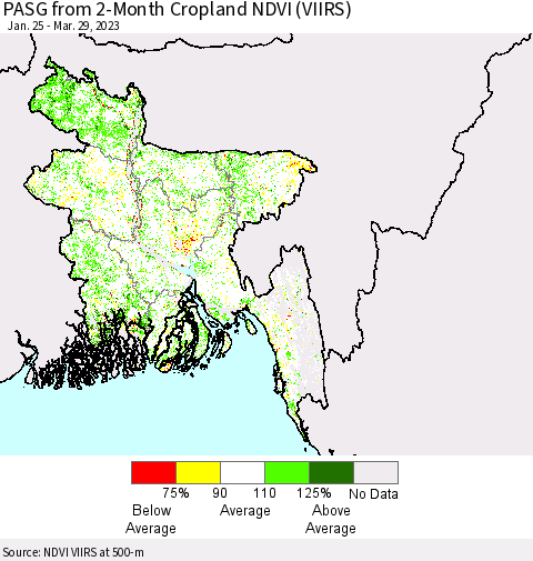 Bangladesh PASG from 2-Month Cropland NDVI (VIIRS) Thematic Map For 3/22/2023 - 3/29/2023