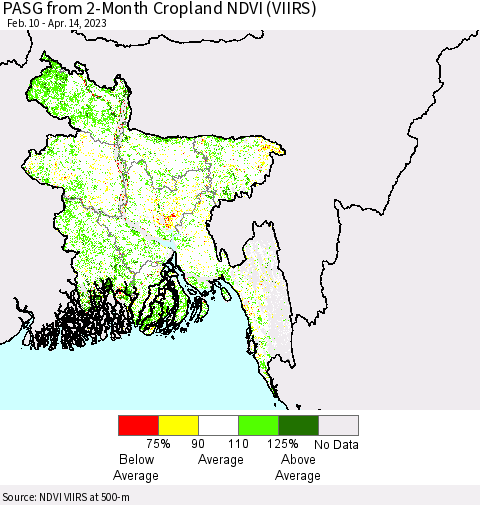 Bangladesh PASG from 2-Month Cropland NDVI (VIIRS) Thematic Map For 4/7/2023 - 4/14/2023