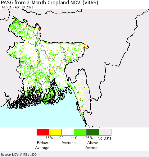 Bangladesh PASG from 2-Month Cropland NDVI (VIIRS) Thematic Map For 4/23/2023 - 4/30/2023
