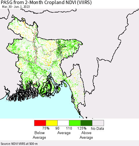 Bangladesh PASG from 2-Month Cropland NDVI (VIIRS) Thematic Map For 5/25/2023 - 6/1/2023