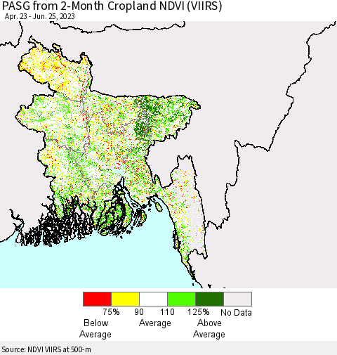 Bangladesh PASG from 2-Month Cropland NDVI (VIIRS) Thematic Map For 6/18/2023 - 6/25/2023