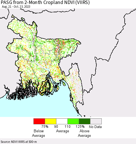 Bangladesh PASG from 2-Month Cropland NDVI (VIIRS) Thematic Map For 10/16/2023 - 10/23/2023