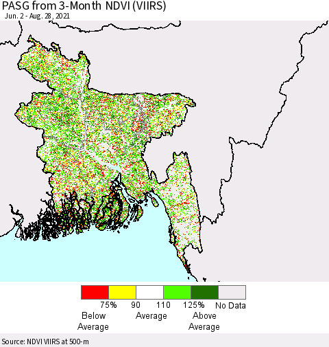 Bangladesh PASG from 3-Month NDVI (VIIRS) Thematic Map For 8/21/2021 - 8/28/2021