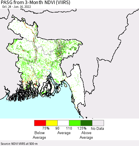 Bangladesh PASG from 3-Month NDVI (VIIRS) Thematic Map For 1/9/2022 - 1/16/2022