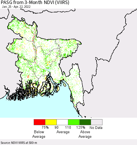Bangladesh PASG from 3-Month NDVI (VIIRS) Thematic Map For 4/15/2022 - 4/22/2022