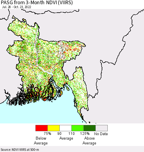 Bangladesh PASG from 3-Month NDVI (VIIRS) Thematic Map For 10/16/2022 - 10/23/2022