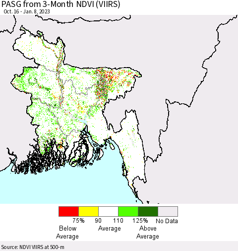 Bangladesh PASG from 3-Month NDVI (VIIRS) Thematic Map For 1/1/2023 - 1/8/2023