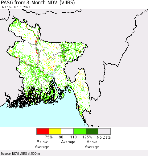 Bangladesh PASG from 3-Month NDVI (VIIRS) Thematic Map For 5/25/2023 - 6/1/2023