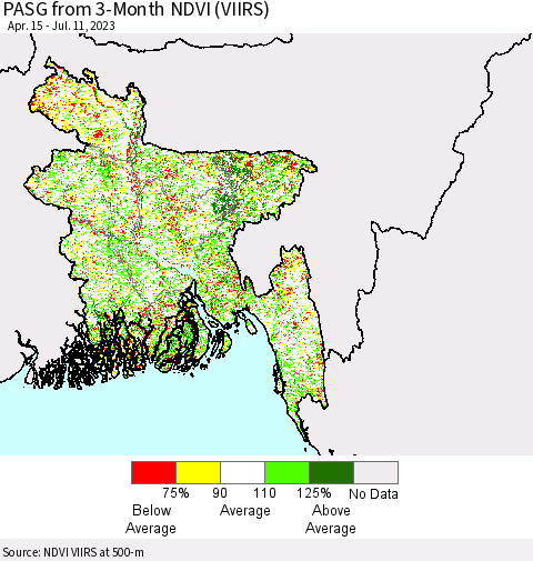 Bangladesh PASG from 3-Month NDVI (VIIRS) Thematic Map For 7/4/2023 - 7/11/2023