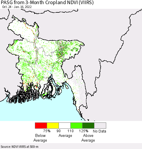 Bangladesh PASG from 3-Month Cropland NDVI (VIIRS) Thematic Map For 1/9/2022 - 1/16/2022