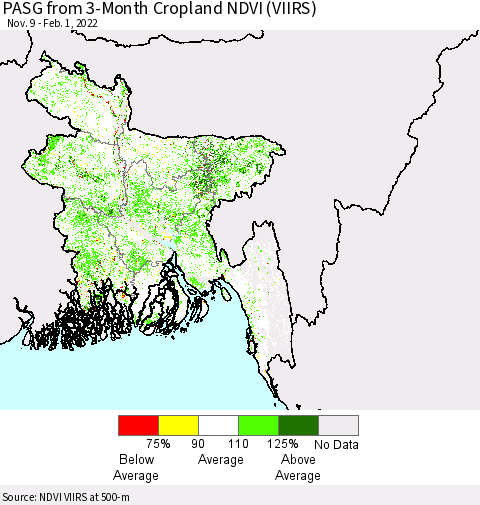 Bangladesh PASG from 3-Month Cropland NDVI (VIIRS) Thematic Map For 1/25/2022 - 2/1/2022