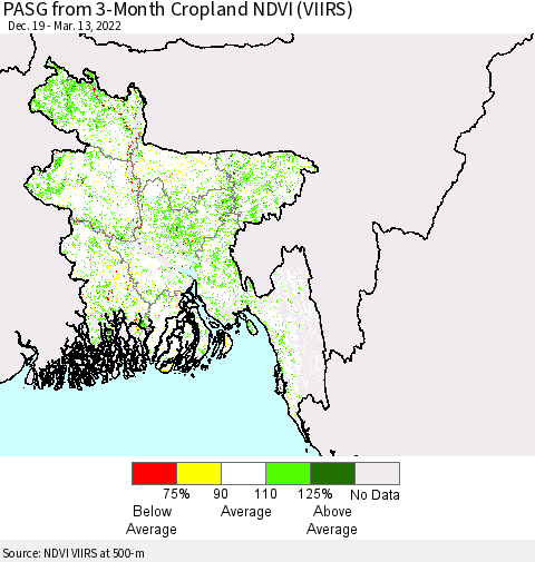Bangladesh PASG from 3-Month Cropland NDVI (VIIRS) Thematic Map For 3/6/2022 - 3/13/2022