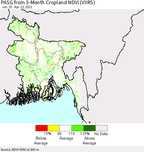Bangladesh PASG from 3-Month Cropland NDVI (VIIRS) Thematic Map For 4/15/2022 - 4/22/2022