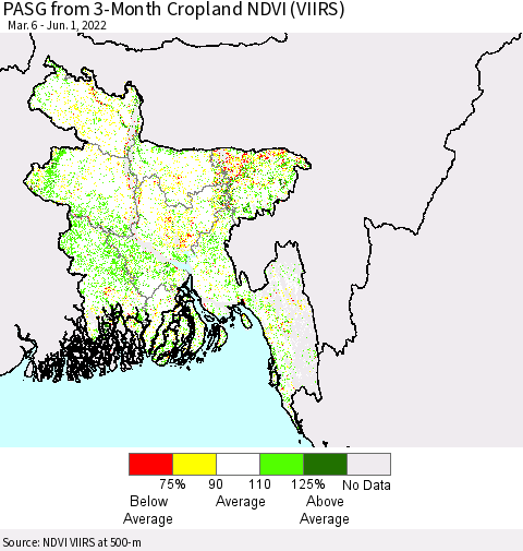 Bangladesh PASG from 3-Month Cropland NDVI (VIIRS) Thematic Map For 5/25/2022 - 6/1/2022