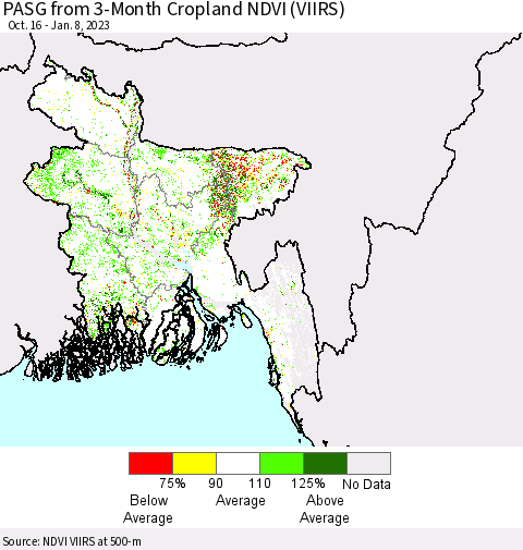 Bangladesh PASG from 3-Month Cropland NDVI (VIIRS) Thematic Map For 1/1/2023 - 1/8/2023