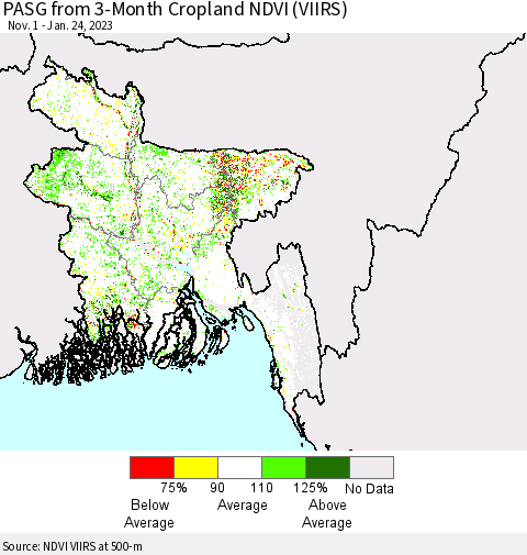 Bangladesh PASG from 3-Month Cropland NDVI (VIIRS) Thematic Map For 1/17/2023 - 1/24/2023