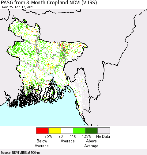 Bangladesh PASG from 3-Month Cropland NDVI (VIIRS) Thematic Map For 2/10/2023 - 2/17/2023