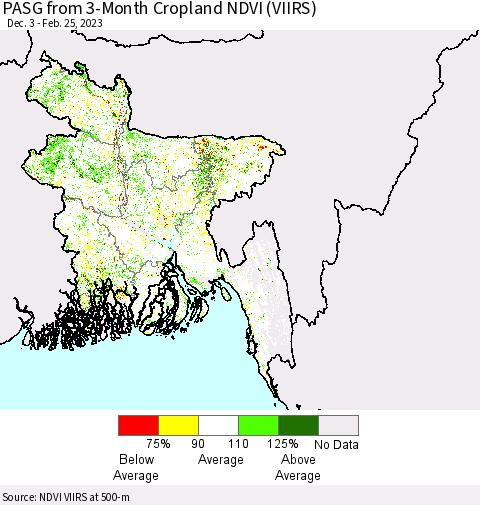 Bangladesh PASG from 3-Month Cropland NDVI (VIIRS) Thematic Map For 2/18/2023 - 2/25/2023