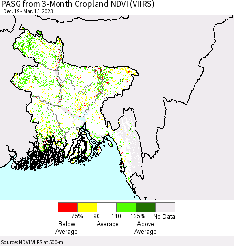 Bangladesh PASG from 3-Month Cropland NDVI (VIIRS) Thematic Map For 3/6/2023 - 3/13/2023