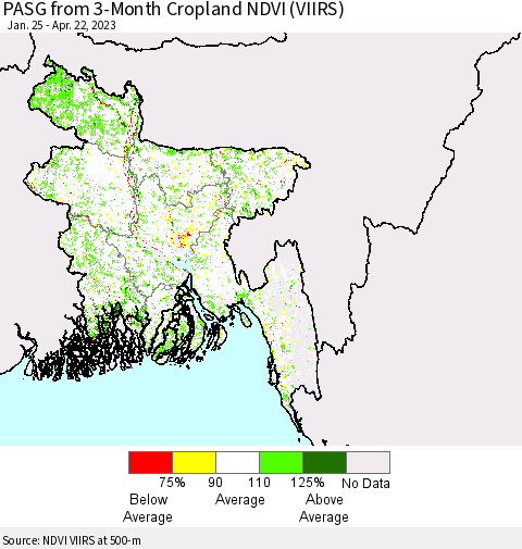 Bangladesh PASG from 3-Month Cropland NDVI (VIIRS) Thematic Map For 4/15/2023 - 4/22/2023