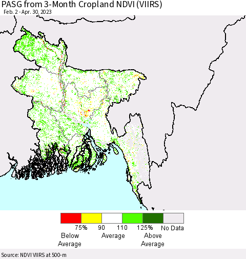Bangladesh PASG from 3-Month Cropland NDVI (VIIRS) Thematic Map For 4/23/2023 - 4/30/2023
