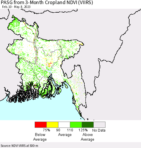 Bangladesh PASG from 3-Month Cropland NDVI (VIIRS) Thematic Map For 5/1/2023 - 5/8/2023
