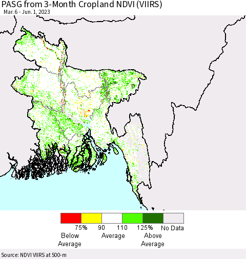 Bangladesh PASG from 3-Month Cropland NDVI (VIIRS) Thematic Map For 5/25/2023 - 6/1/2023