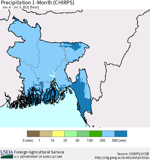 Bangladesh Precipitation 1-Month (CHIRPS) Thematic Map For 6/6/2021 - 7/5/2021