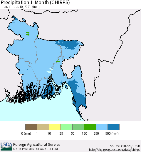 Bangladesh Precipitation 1-Month (CHIRPS) Thematic Map For 6/11/2021 - 7/10/2021