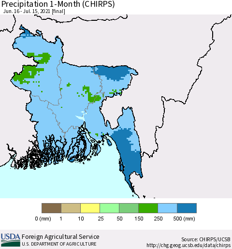 Bangladesh Precipitation 1-Month (CHIRPS) Thematic Map For 6/16/2021 - 7/15/2021