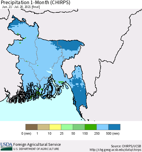 Bangladesh Precipitation 1-Month (CHIRPS) Thematic Map For 6/21/2021 - 7/20/2021