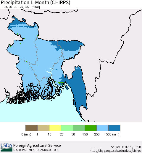 Bangladesh Precipitation 1-Month (CHIRPS) Thematic Map For 6/26/2021 - 7/25/2021