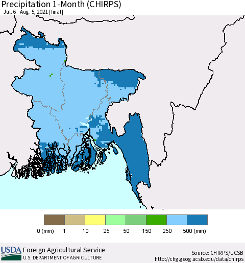 Bangladesh Precipitation 1-Month (CHIRPS) Thematic Map For 7/6/2021 - 8/5/2021