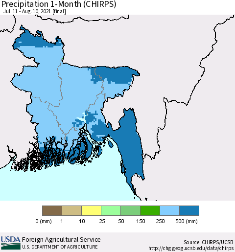 Bangladesh Precipitation 1-Month (CHIRPS) Thematic Map For 7/11/2021 - 8/10/2021