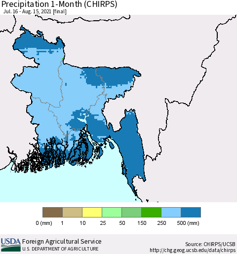 Bangladesh Precipitation 1-Month (CHIRPS) Thematic Map For 7/16/2021 - 8/15/2021