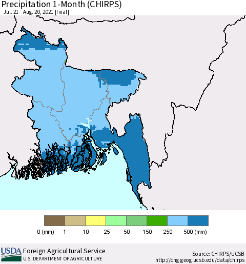 Bangladesh Precipitation 1-Month (CHIRPS) Thematic Map For 7/21/2021 - 8/20/2021