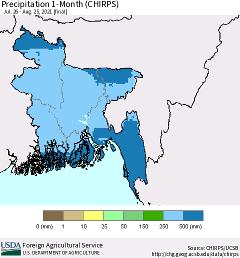 Bangladesh Precipitation 1-Month (CHIRPS) Thematic Map For 7/26/2021 - 8/25/2021