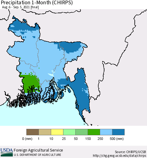 Bangladesh Precipitation 1-Month (CHIRPS) Thematic Map For 8/6/2021 - 9/5/2021