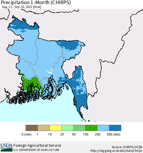 Bangladesh Precipitation 1-Month (CHIRPS) Thematic Map For 8/11/2021 - 9/10/2021