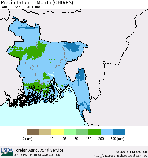 Bangladesh Precipitation 1-Month (CHIRPS) Thematic Map For 8/16/2021 - 9/15/2021