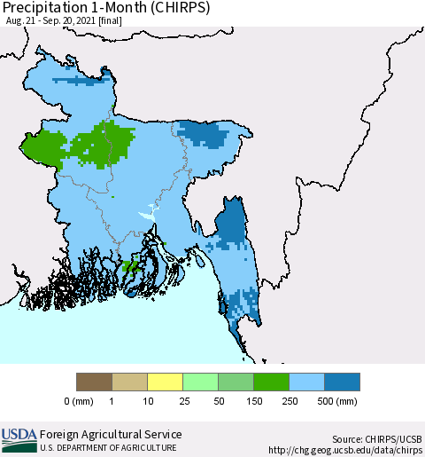 Bangladesh Precipitation 1-Month (CHIRPS) Thematic Map For 8/21/2021 - 9/20/2021