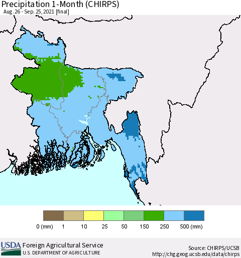 Bangladesh Precipitation 1-Month (CHIRPS) Thematic Map For 8/26/2021 - 9/25/2021