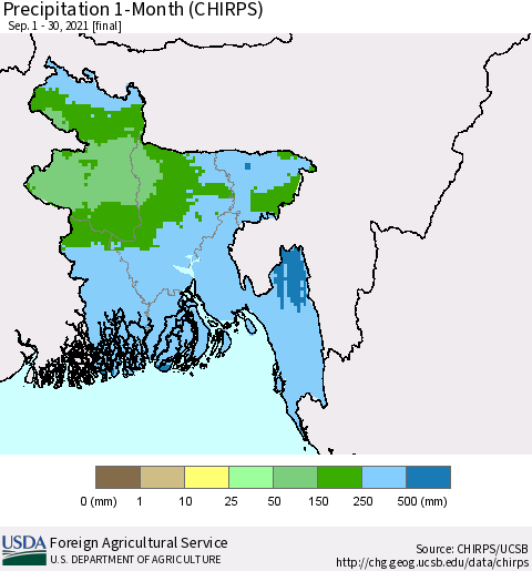 Bangladesh Precipitation 1-Month (CHIRPS) Thematic Map For 9/1/2021 - 9/30/2021