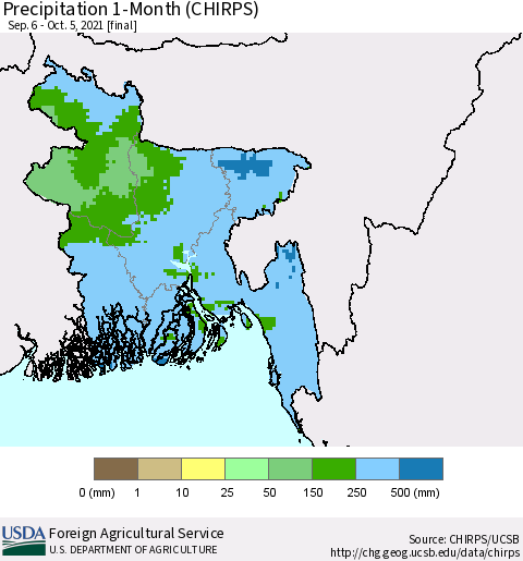 Bangladesh Precipitation 1-Month (CHIRPS) Thematic Map For 9/6/2021 - 10/5/2021