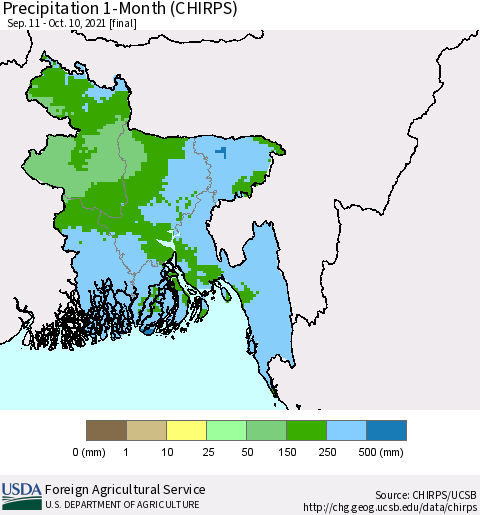 Bangladesh Precipitation 1-Month (CHIRPS) Thematic Map For 9/11/2021 - 10/10/2021