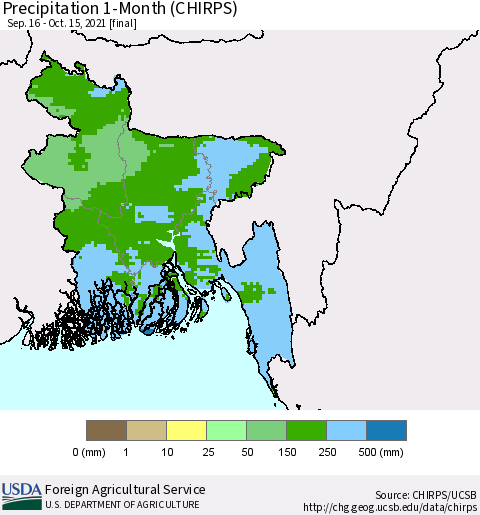 Bangladesh Precipitation 1-Month (CHIRPS) Thematic Map For 9/16/2021 - 10/15/2021