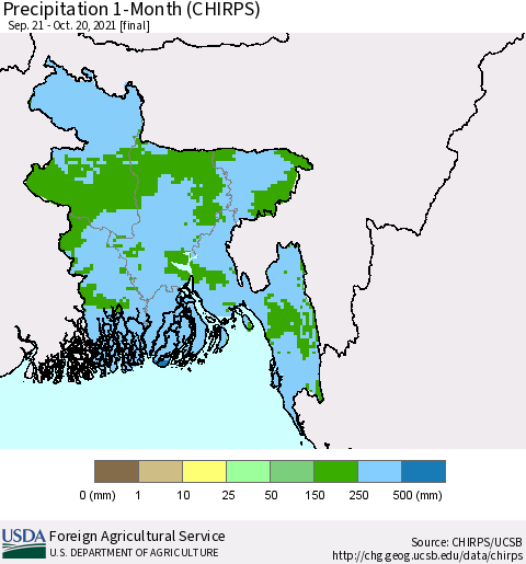 Bangladesh Precipitation 1-Month (CHIRPS) Thematic Map For 9/21/2021 - 10/20/2021