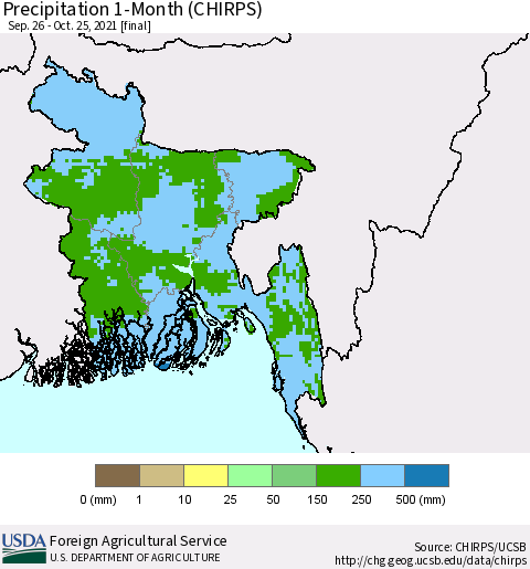 Bangladesh Precipitation 1-Month (CHIRPS) Thematic Map For 9/26/2021 - 10/25/2021
