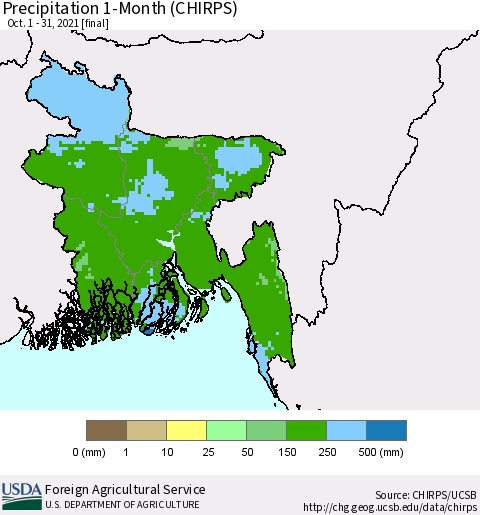 Bangladesh Precipitation 1-Month (CHIRPS) Thematic Map For 10/1/2021 - 10/31/2021