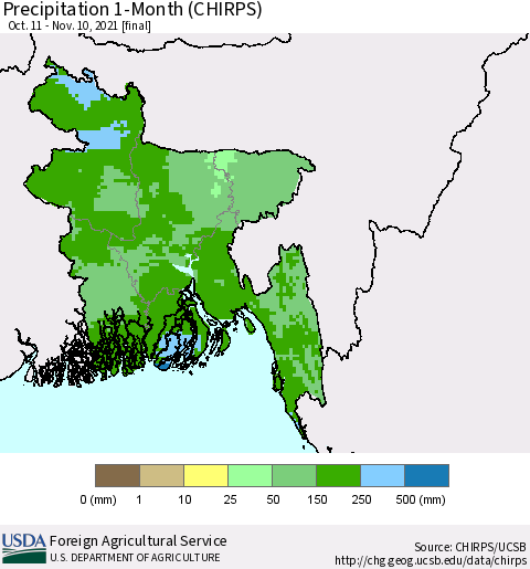Bangladesh Precipitation 1-Month (CHIRPS) Thematic Map For 10/11/2021 - 11/10/2021